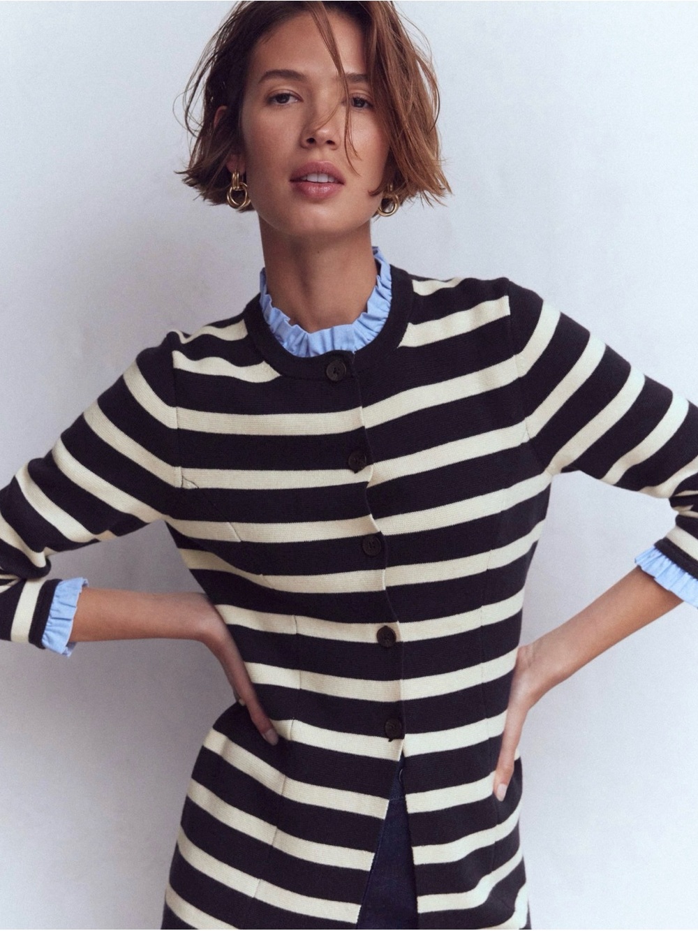 Boden Joanna Fitted Knitted Jacket Cardigan 
Navy/Warm Ivory Stripe, 6